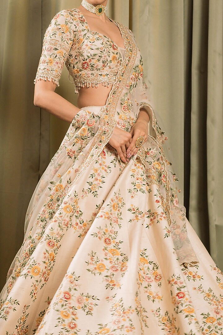 Ivory Raw Silk Resham Work Bridal Lehenga Set by Pallavi Poddar (India) at Pernia's Pop Up Shop