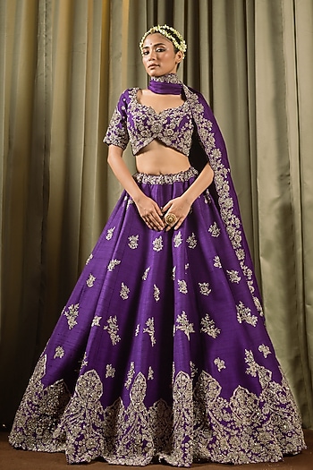 Purple Raw Silk Dabka Work Bridal Lehenga Set by Pallavi Poddar (India) at Pernia's Pop Up Shop