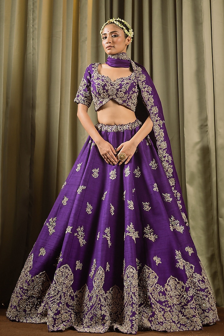 Purple Raw Silk Dabka Work Lehenga Set by Pallavi Poddar (India)