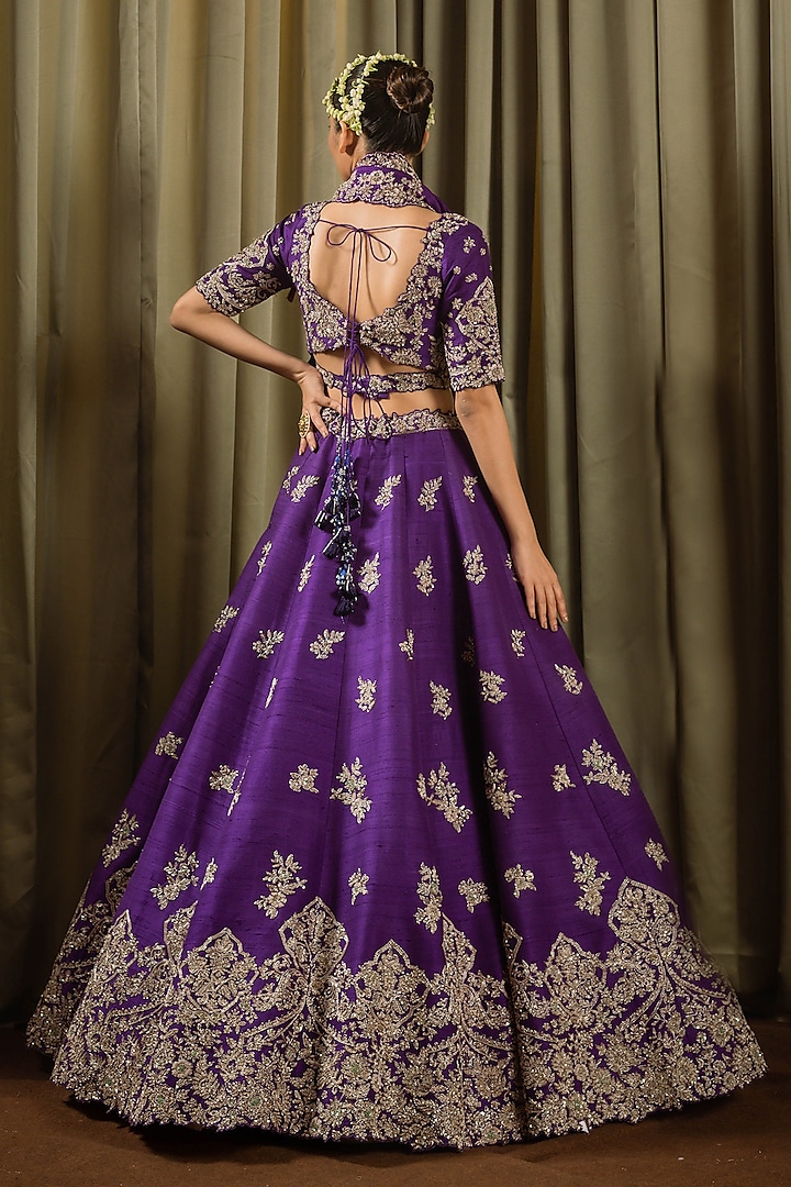 Purple Raw Silk Dabka Work Bridal Lehenga Set by Pallavi Poddar (India) at Pernia's Pop Up Shop