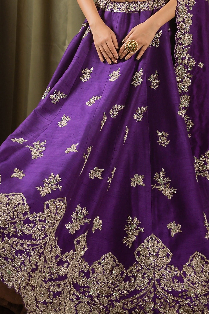 Purple Raw Silk Dabka Work Bridal Lehenga Set by Pallavi Poddar (India) at Pernia's Pop Up Shop