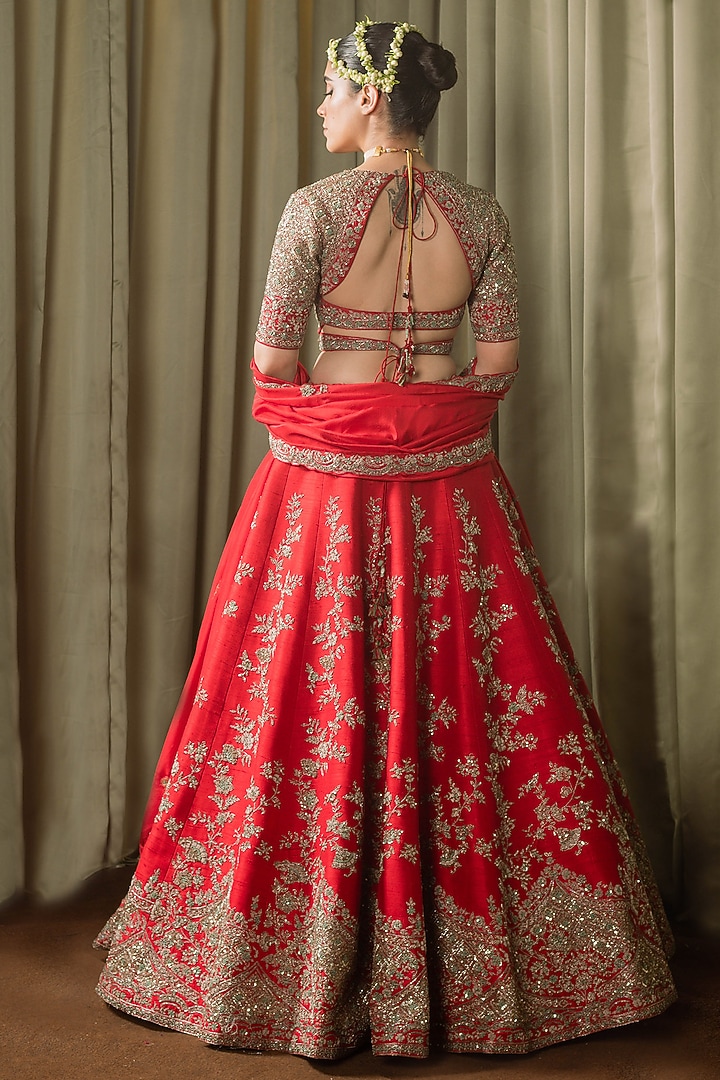 Red Raw Silk Sequins Hand Work Bridal Lehenga Set by Pallavi Poddar (India) at Pernia's Pop Up Shop