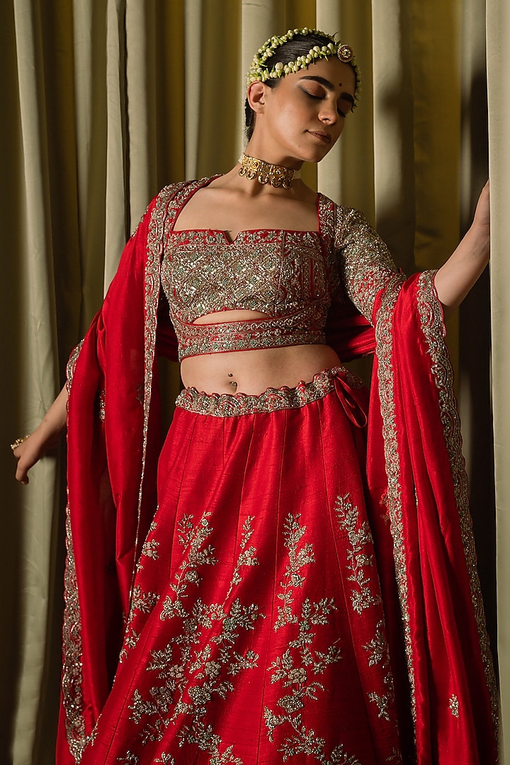 Red Raw Silk Sequins Hand Work Bridal Lehenga Set by Pallavi Poddar (India) at Pernia's Pop Up Shop