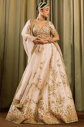 Ivory Raw Silk Resham Work Bridal Lehenga Set by Pallavi Poddar (India) at Pernia's Pop Up Shop