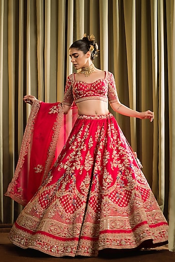Red Raw Silk Dabka Handwork Bridal Lehenga Set by Pallavi Poddar (India) at Pernia's Pop Up Shop