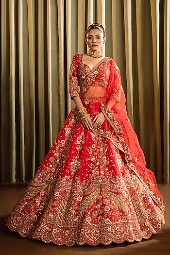Red Raw Silk Cutdana Work Bridal Lehenga Set by Pallavi Poddar (India) at Pernia's Pop Up Shop