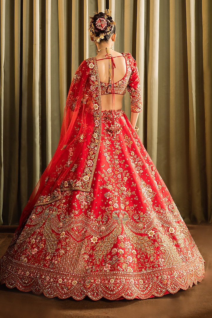 Red Raw Silk Cutdana Work Bridal Lehenga Set by Pallavi Poddar (India) at Pernia's Pop Up Shop