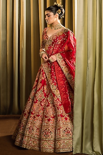Red Raw Silk Dabka Work Bridal Lehenga Set by Pallavi Poddar (India) at Pernia's Pop Up Shop