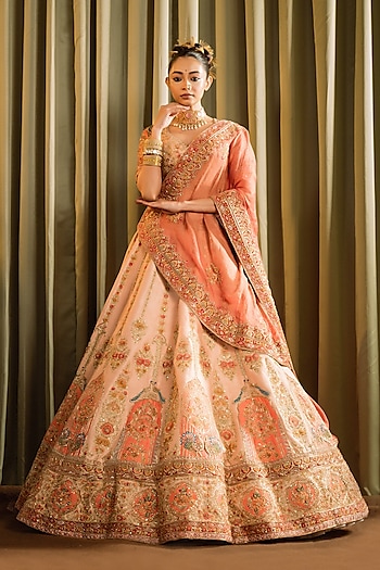 Peach Raw Silk Dabka Work Bridal Lehenga Set by Pallavi Poddar (India) at Pernia's Pop Up Shop