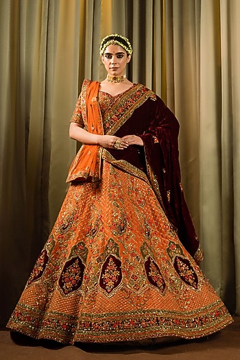 Rust Raw Silk Resham Work Bridal Lehenga Set by Pallavi Poddar (India) at Pernia's Pop Up Shop