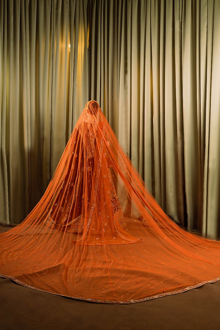 Rust Raw Silk Resham Work Bridal Lehenga Set by Pallavi Poddar (India) at Pernia's Pop Up Shop