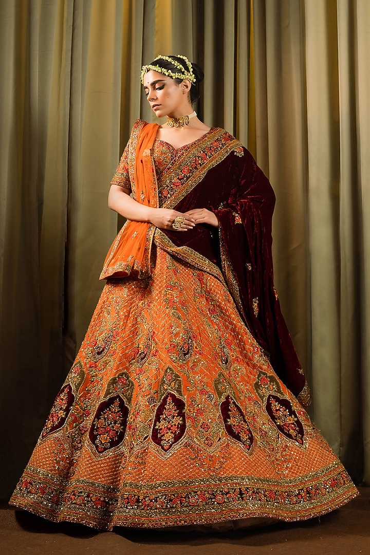Rust Raw Silk Resham Work Bridal Lehenga Set by Pallavi Poddar (India) at Pernia's Pop Up Shop