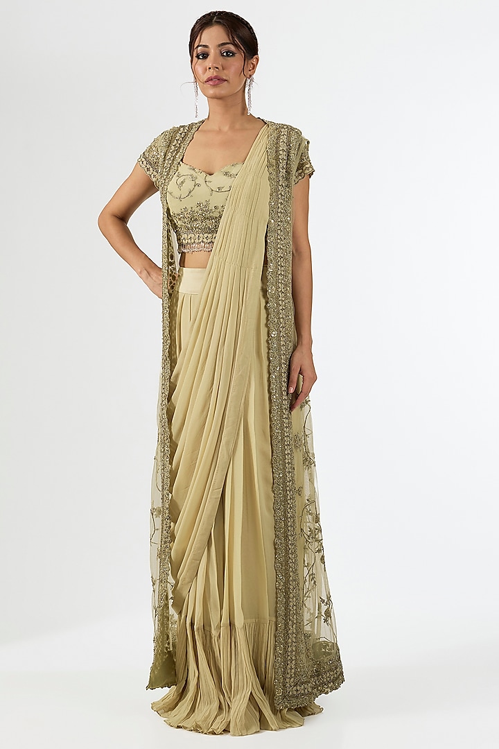 Beige Georgette Embroidered Jacket Draped Wedding Saree Set by Pallavi Poddar (India) at Pernia's Pop Up Shop