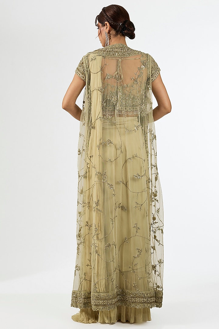 Beige Georgette Embroidered Jacket Draped Wedding Saree Set by Pallavi Poddar (India) at Pernia's Pop Up Shop