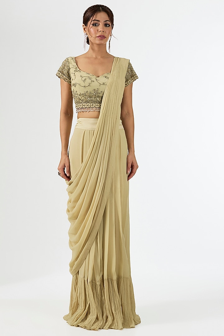 Beige Georgette Embroidered Jacket Draped Wedding Saree Set by Pallavi Poddar (India) at Pernia's Pop Up Shop