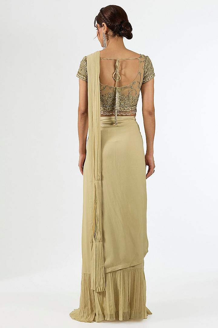 Beige Georgette Embroidered Jacket Draped Wedding Saree Set by Pallavi Poddar (India) at Pernia's Pop Up Shop