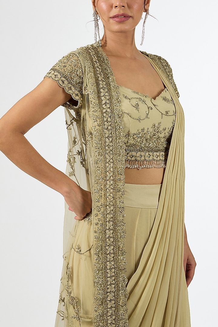 Beige Georgette Embroidered Jacket Draped Wedding Saree Set by Pallavi Poddar (India) at Pernia's Pop Up Shop