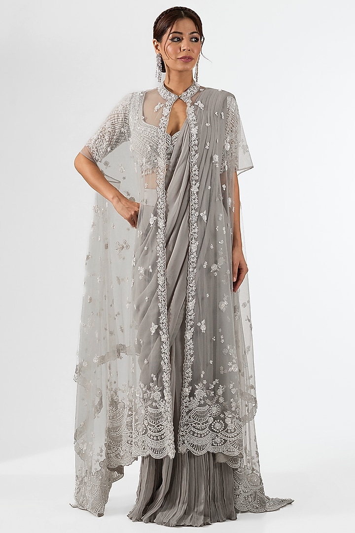Grey Georgette Embroidered Jacket Draped Wedding Saree Set by Pallavi Poddar (India) at Pernia's Pop Up Shop