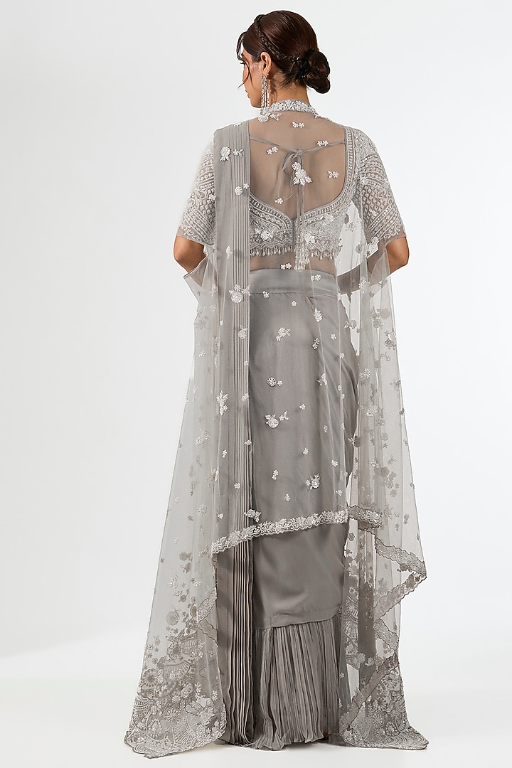 Grey Georgette Embroidered Jacket Draped Wedding Saree Set by Pallavi Poddar (India) at Pernia's Pop Up Shop