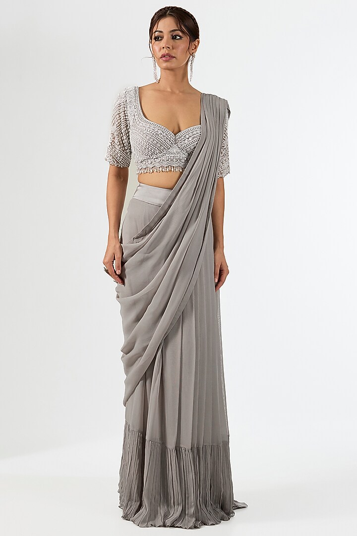 Grey Georgette Embroidered Jacket Draped Wedding Saree Set by Pallavi Poddar (India) at Pernia's Pop Up Shop