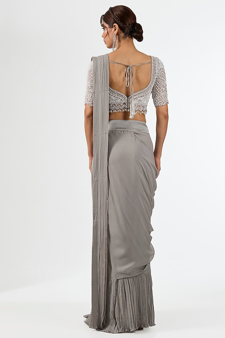 Grey Georgette Embroidered Jacket Draped Wedding Saree Set by Pallavi Poddar (India) at Pernia's Pop Up Shop
