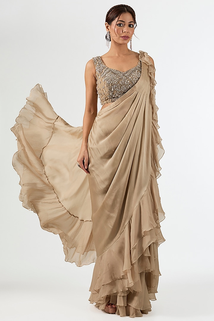 Beige Satin Draped Wedding Saree Set by Pallavi Poddar (India) at Pernia's Pop Up Shop