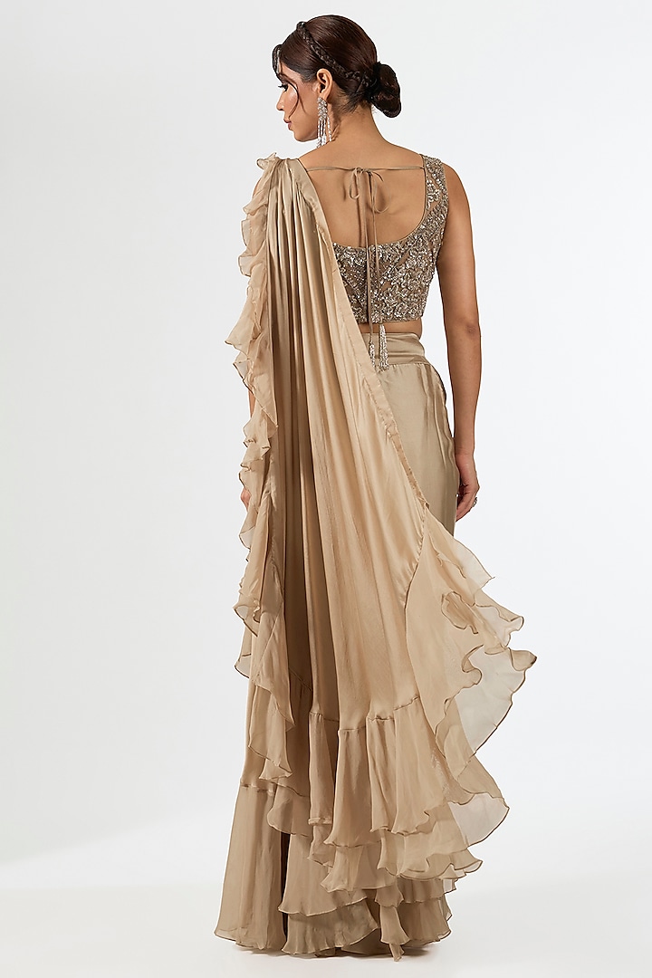 Beige Satin Draped Wedding Saree Set by Pallavi Poddar (India) at Pernia's Pop Up Shop