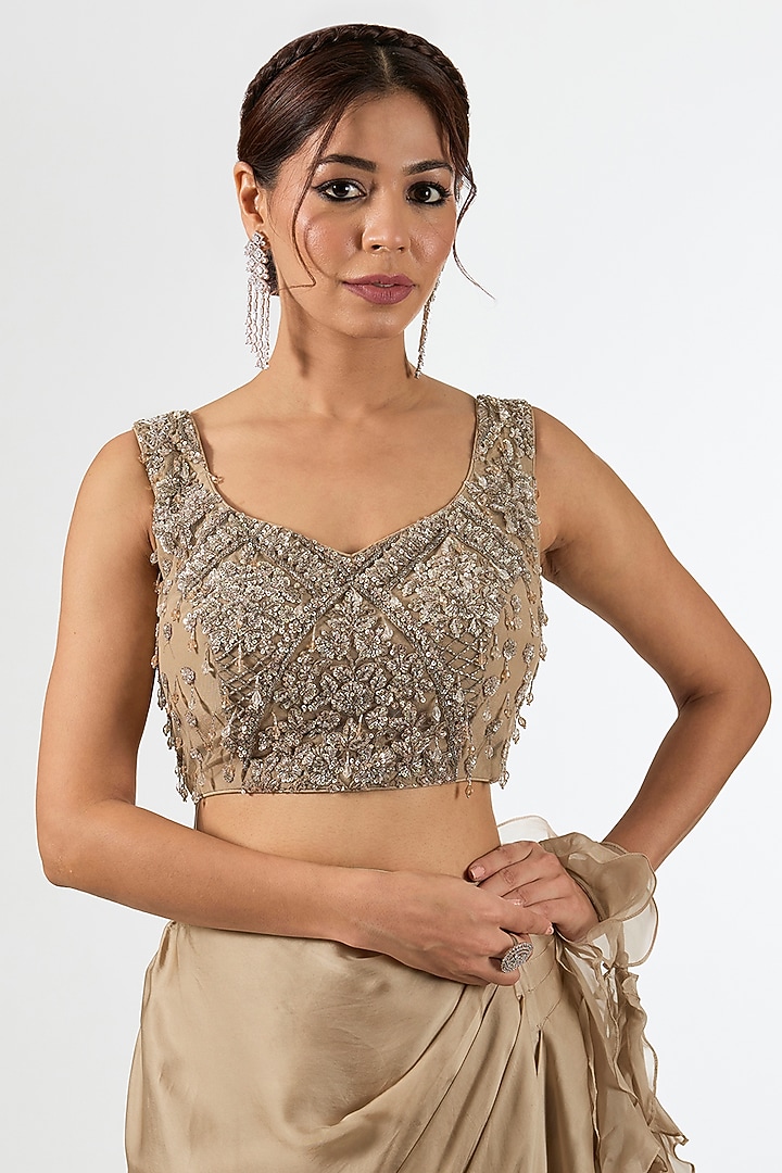 Beige Satin Draped Wedding Saree Set by Pallavi Poddar (India) at Pernia's Pop Up Shop