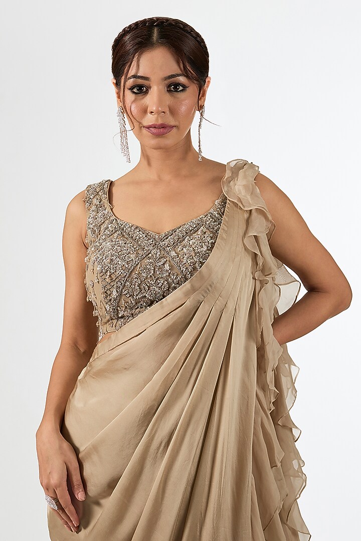 Beige Satin Draped Wedding Saree Set by Pallavi Poddar (India) at Pernia's Pop Up Shop