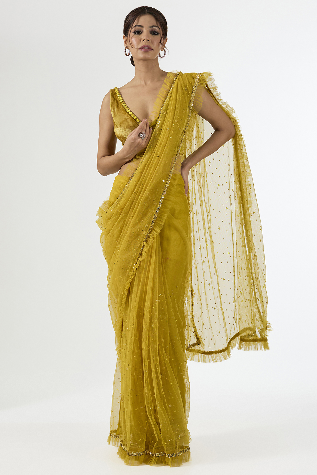 Mustard Net Resham Tikki Embroidered Draped Wedding Saree Set by Pallavi Poddar (India) at Pernia's Pop Up Shop