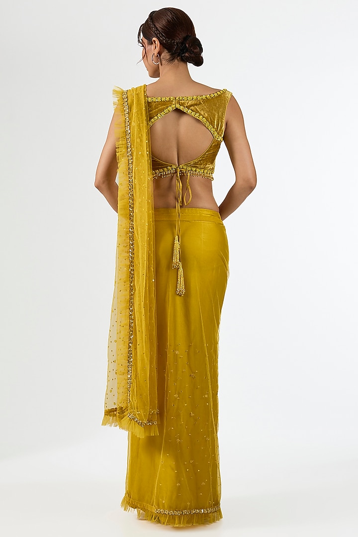 Mustard Net Resham Tikki Embroidered Draped Wedding Saree Set by Pallavi Poddar (India) at Pernia's Pop Up Shop