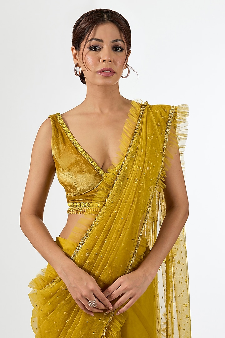 Mustard Net Resham Tikki Embroidered Draped Wedding Saree Set by Pallavi Poddar (India) at Pernia's Pop Up Shop