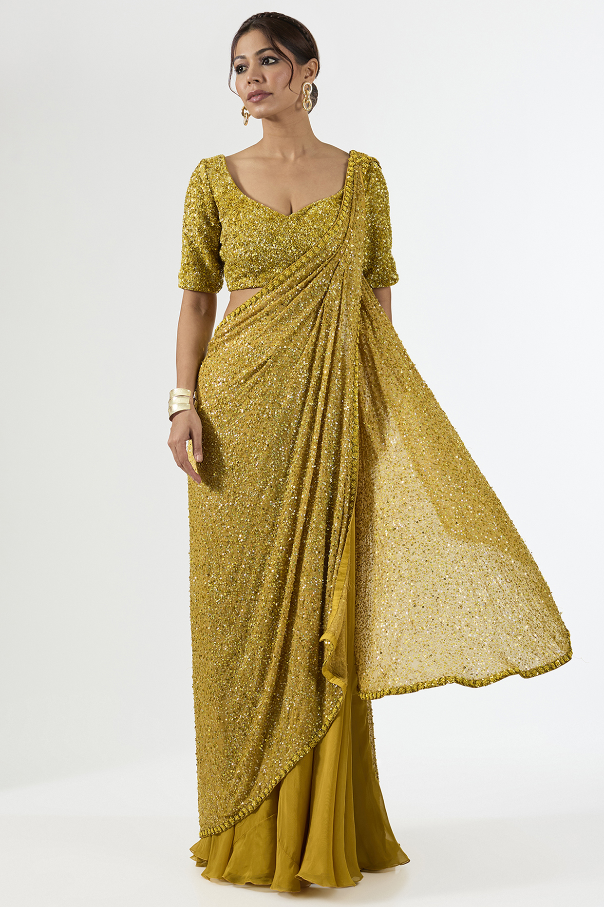 Mustard Organza & Net Sequins Embroidered Draped Wedding Saree Set by Pallavi Poddar (India) at Pernia's Pop Up Shop