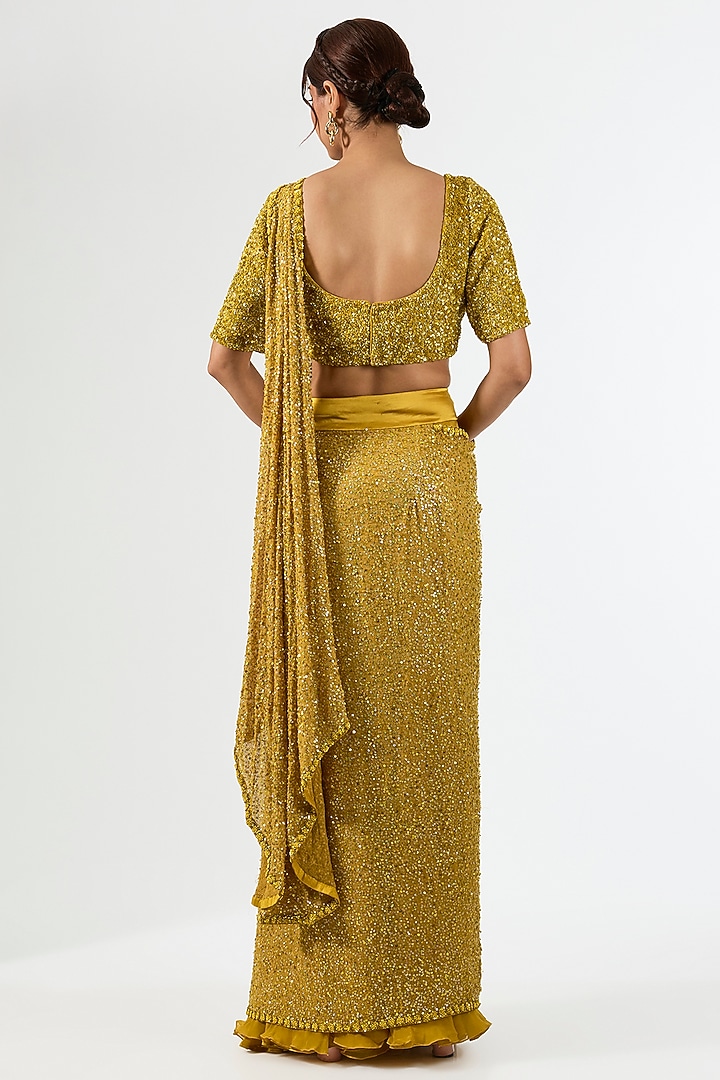 Mustard Organza & Net Sequins Embroidered Draped Wedding Saree Set by Pallavi Poddar (India) at Pernia's Pop Up Shop