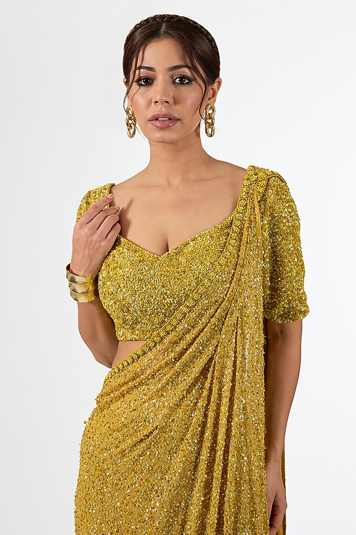 Mustard Organza & Net Sequins Embroidered Draped Wedding Saree Set by Pallavi Poddar (India) at Pernia's Pop Up Shop