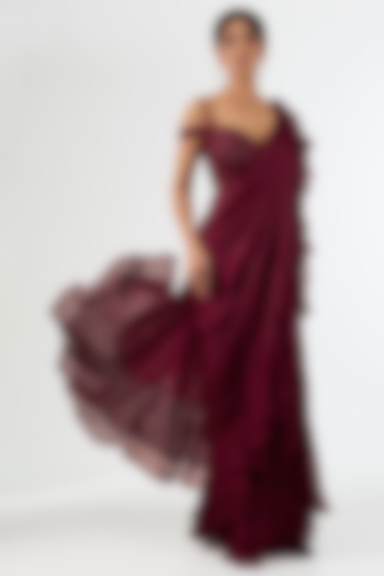 Deep Maroon Satin Draped Wedding Saree Set by Pallavi Poddar (India) at Pernia's Pop Up Shop