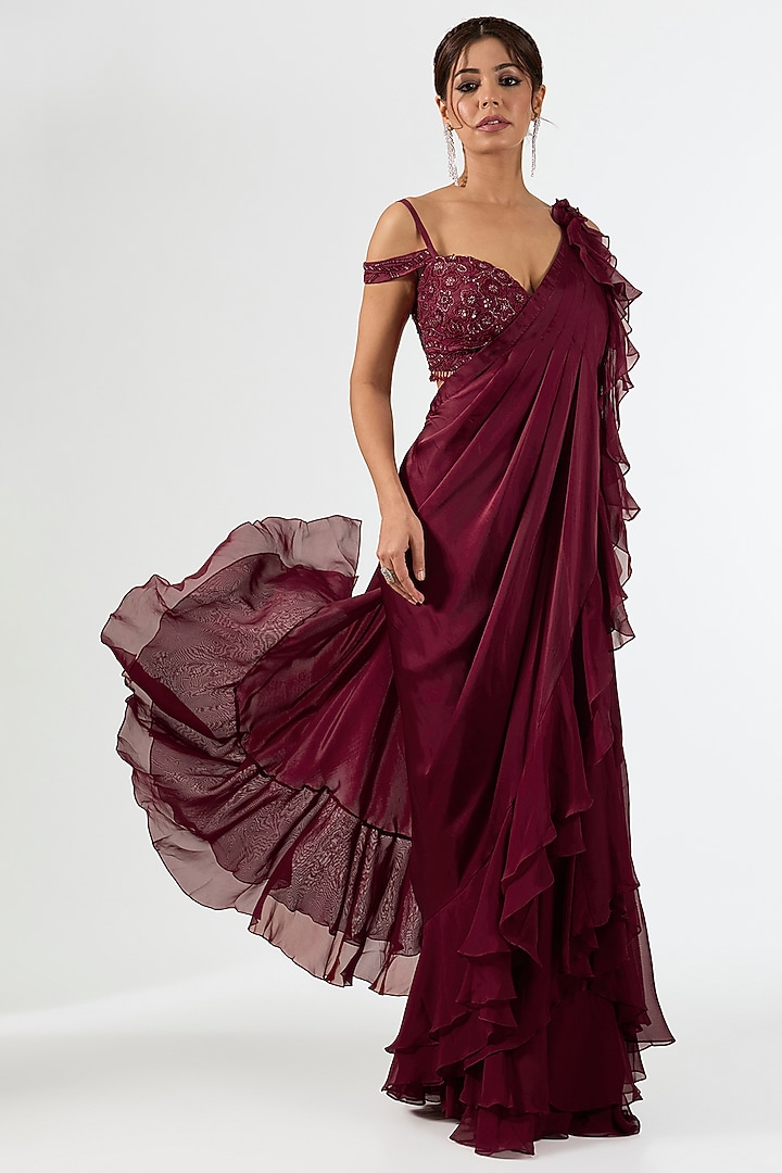 Deep Maroon Satin Draped Wedding Saree Set by Pallavi Poddar (India) at Pernia's Pop Up Shop