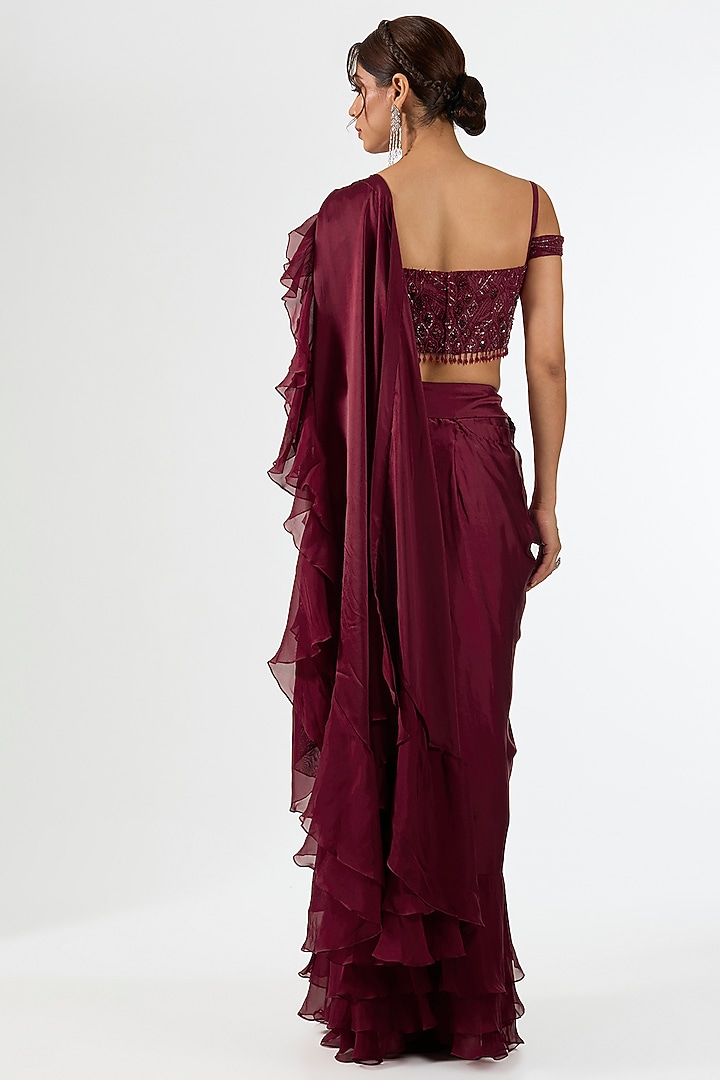 Deep Maroon Satin Draped Wedding Saree Set by Pallavi Poddar (India) at Pernia's Pop Up Shop