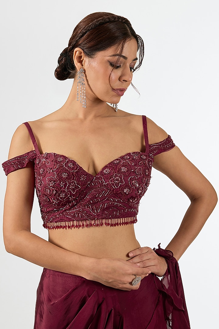 Deep Maroon Satin Draped Wedding Saree Set by Pallavi Poddar (India) at Pernia's Pop Up Shop