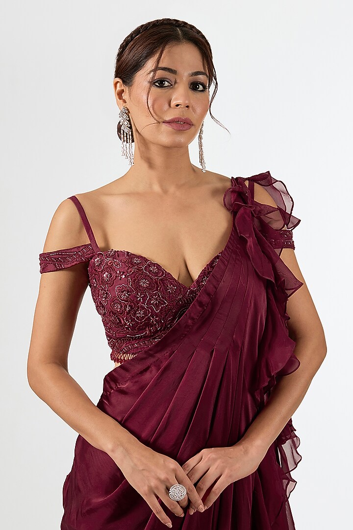 Deep Maroon Satin Draped Wedding Saree Set by Pallavi Poddar (India) at Pernia's Pop Up Shop