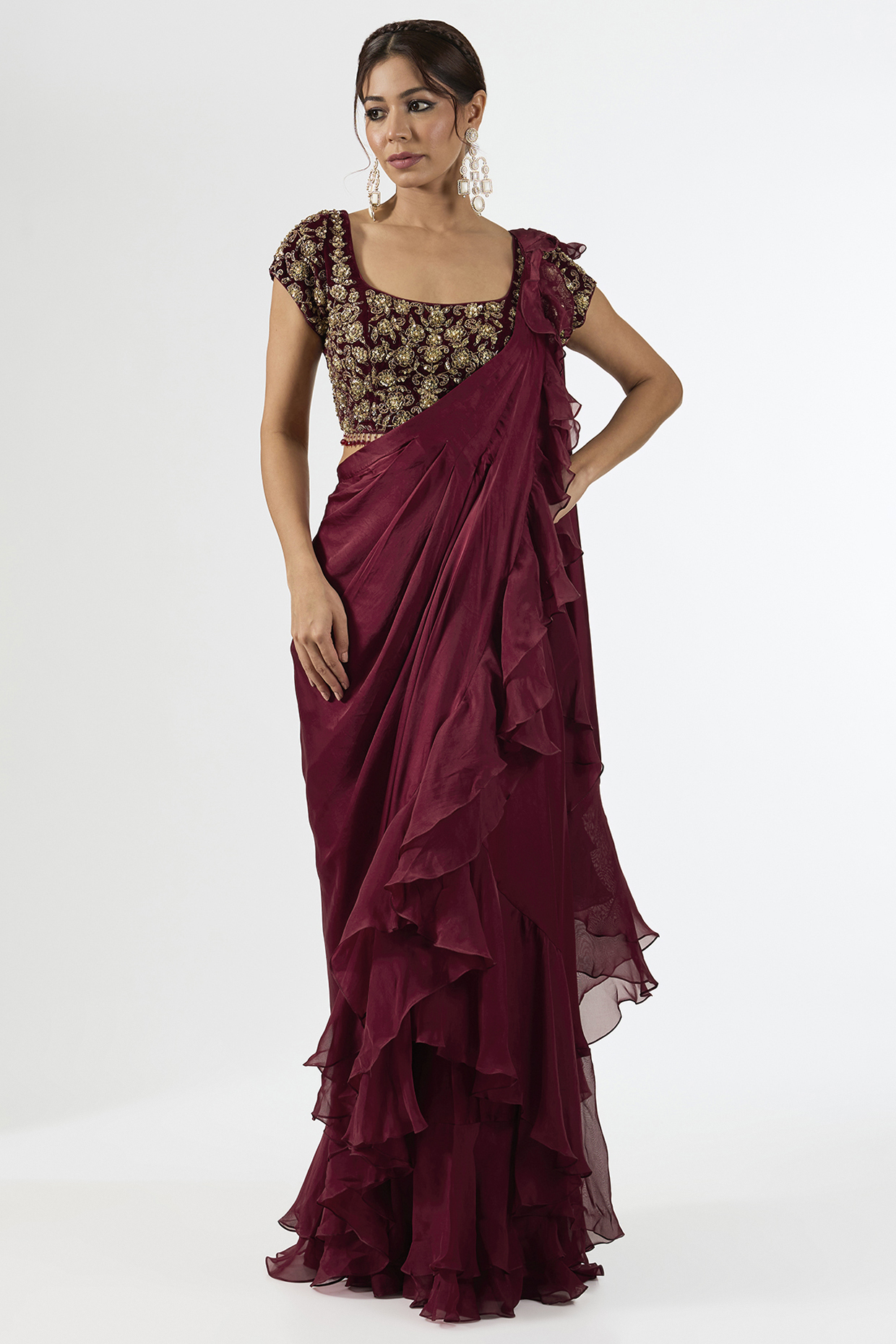 Deep Maroon Satin Draped Wedding Saree Set by Pallavi Poddar (India) at Pernia's Pop Up Shop