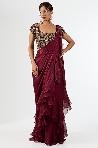 Deep Maroon Satin Draped Saree Set by Pallavi Poddar (India)