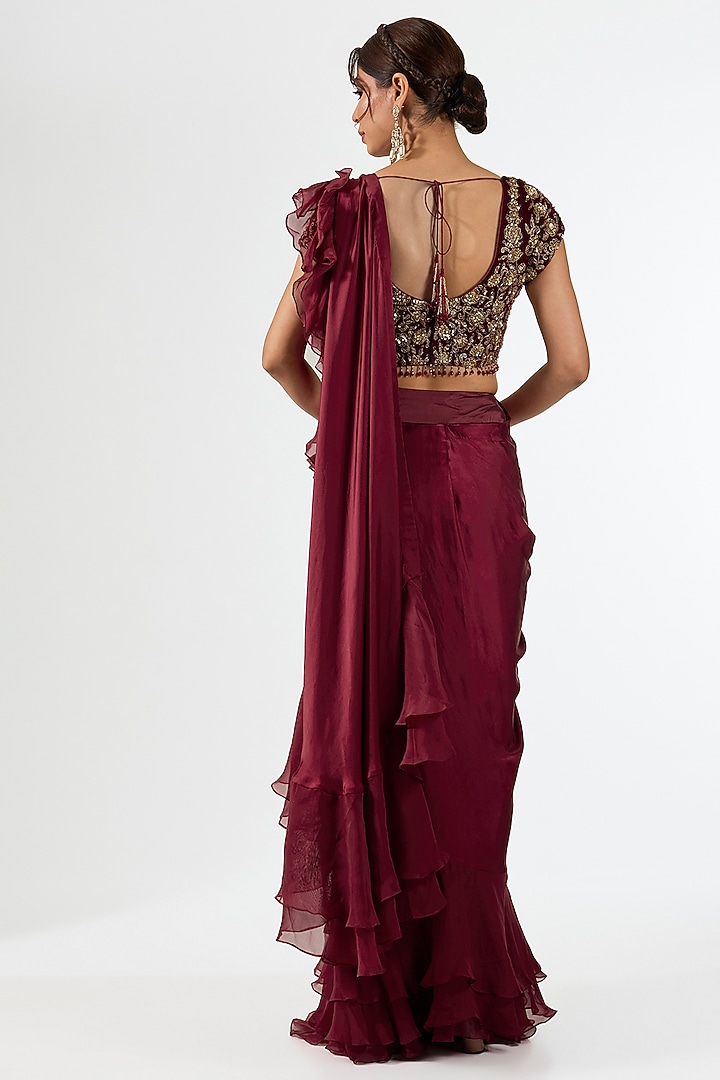 Deep Maroon Satin Draped Wedding Saree Set by Pallavi Poddar (India) at Pernia's Pop Up Shop