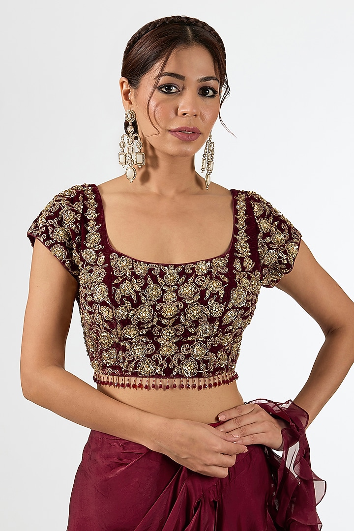 Deep Maroon Satin Draped Wedding Saree Set by Pallavi Poddar (India) at Pernia's Pop Up Shop