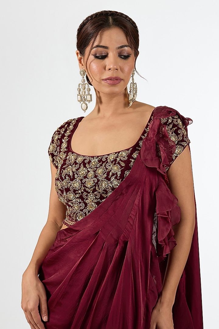 Deep Maroon Satin Draped Wedding Saree Set by Pallavi Poddar (India) at Pernia's Pop Up Shop