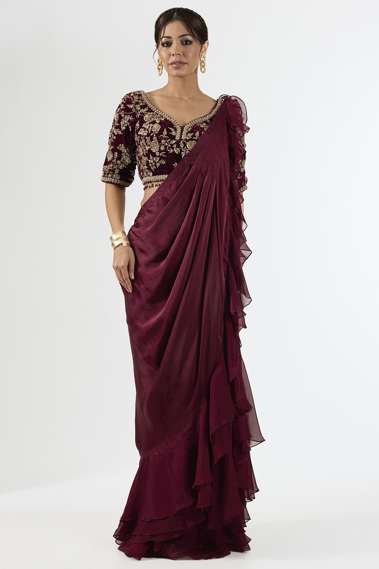 Deep Maroon Satin Draped Wedding Saree Set by Pallavi Poddar (India) at Pernia's Pop Up Shop