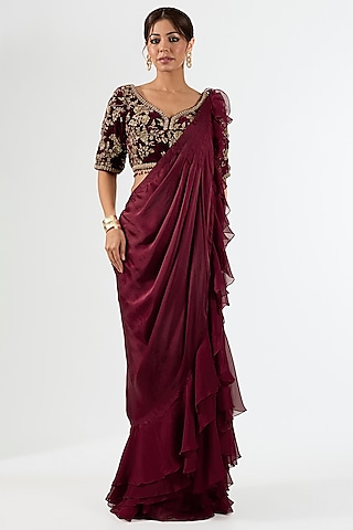 Deep Maroon Satin Draped Saree Set by Pallavi Poddar (India)