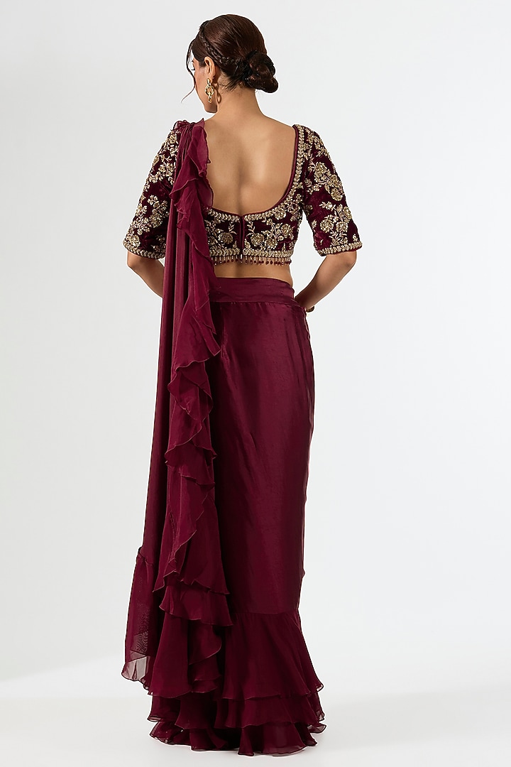 Deep Maroon Satin Draped Wedding Saree Set by Pallavi Poddar (India) at Pernia's Pop Up Shop