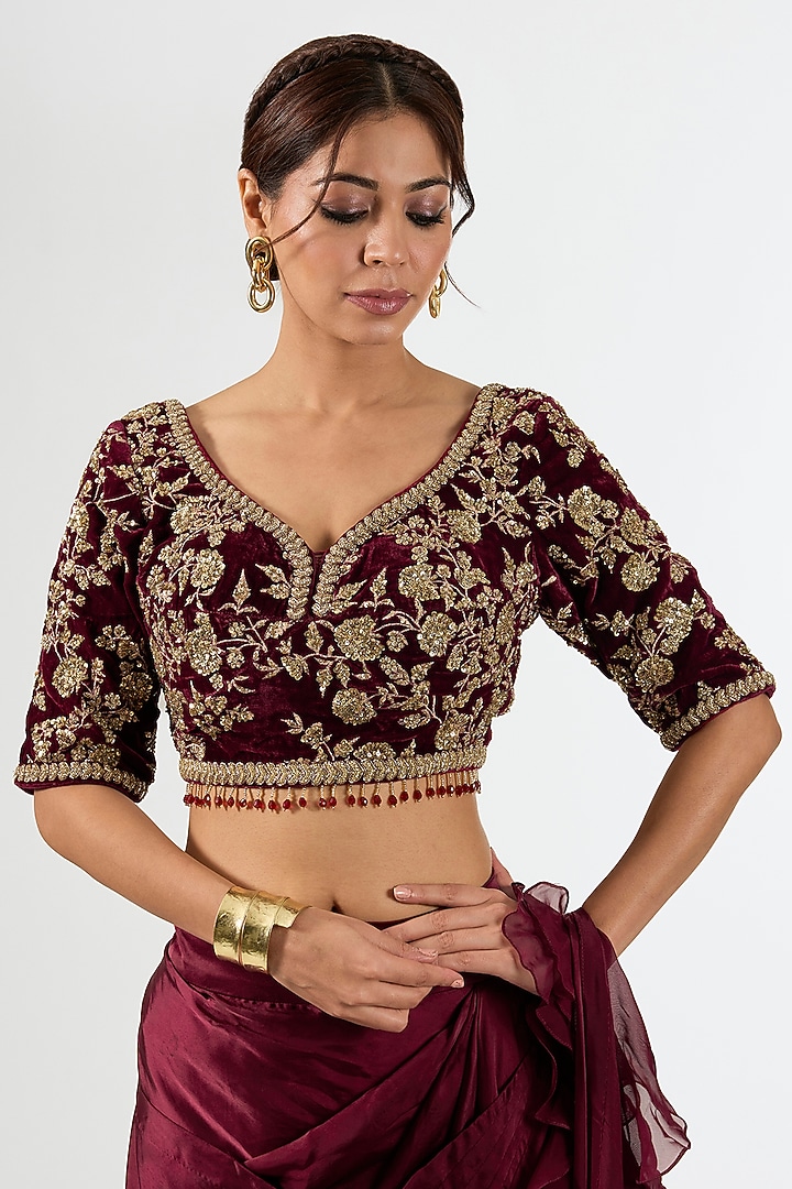 Deep Maroon Satin Draped Wedding Saree Set by Pallavi Poddar (India) at Pernia's Pop Up Shop