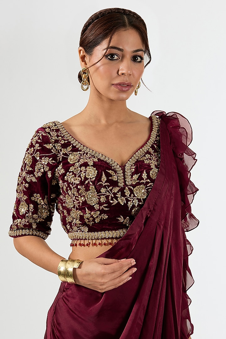 Deep Maroon Satin Draped Wedding Saree Set by Pallavi Poddar (India) at Pernia's Pop Up Shop